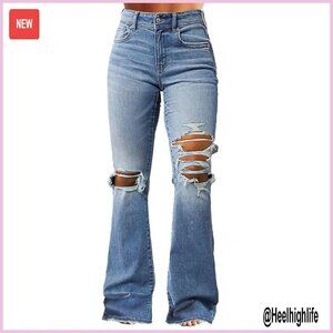 Ripped Bell Bottom Jeans Bootcut Mid Rise Stretchy Denim Flare